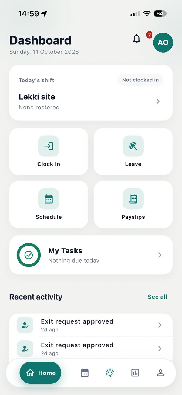 Staff app home on a phone: today’s shift and site, with buttons for Clock In, Leave, Schedule and Payslips.