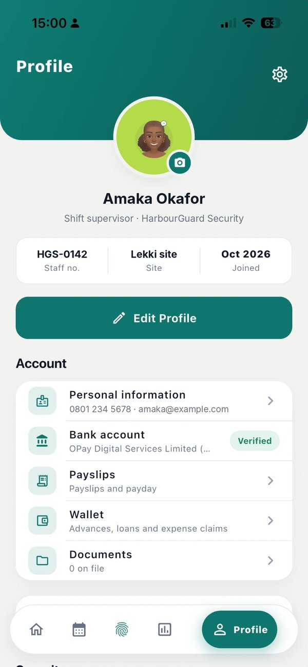 Staff app profile on a phone: staff number, site, contact details, verified bank account, payslips, wallet and documents.