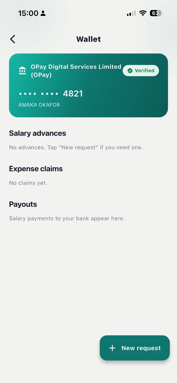 Staff app wallet on a phone: the verified salary bank account, salary advances, expense claims and payouts.