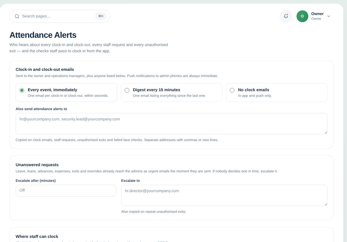 Attendance alert settings: email on every clock-in or a digest, and who gets copied.