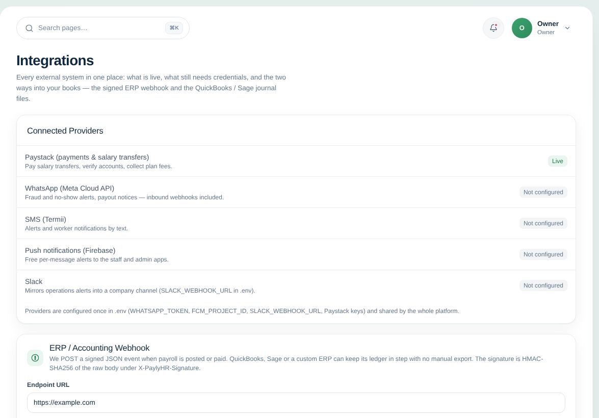 Integrations page: Paystack, WhatsApp, SMS, push notifications, Slack and the accounting webhook.